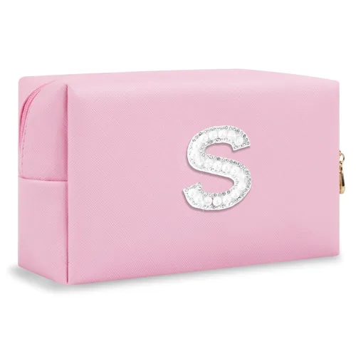 Miniatura 239 de Pequeña bolsa de maquillaje personalizada con inicial A-Z Preppy Patch, bolsa de cosméticos de viaje de felpilla blanca con cremallera, bonita bolsa