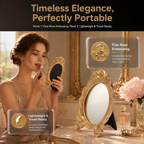 Miniatura 2 de HEALLILY Espejo de maquillaje ovalado de resina, portátil, estilo europeo, espejo cosmético de mano con marco de alivio de rosas, ligero