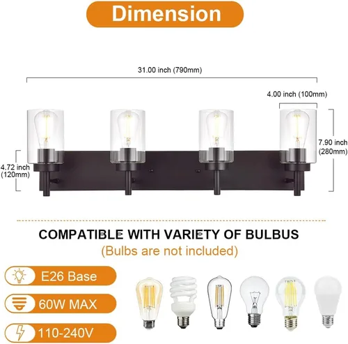 Miniatura 4 de 4 luces de tocador de baño, apliques de bronce aceitado, iluminación de pared, lámpara industrial para montaje en pared, estilo granja para cocina