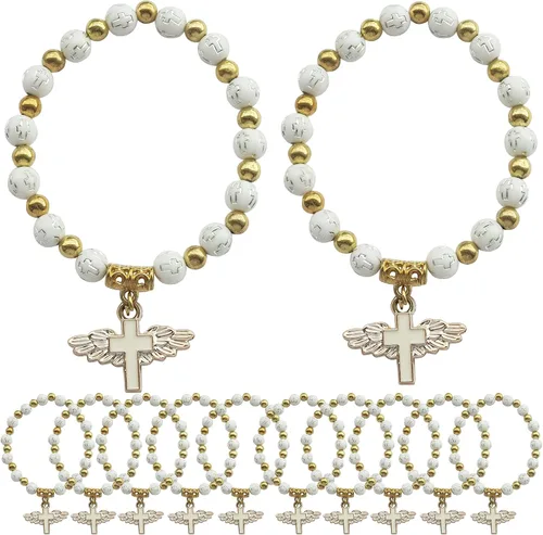 WE Pulsera de cruz de ala de ángel (12 piezas) para niño y niña, recuerdo de bautizo, recuerdo de bautizo, evento de iglesia, Madera, No es una