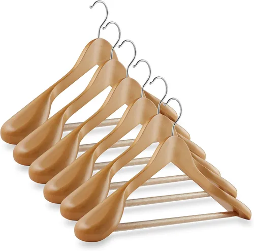 Miniatura 7 de Casafield - 6 perchas de madera de nogal con hombros anchos - Madera de loto premium, barra antideslizante para pantalones y gancho giratorio