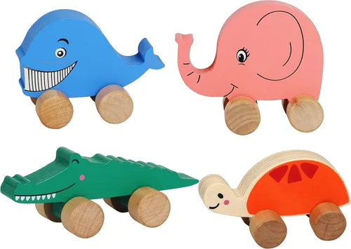 TOWO - Autos de madera para niños pequeños – Animales sobre ruedas – Vehículos sensoriales de agarre motriz juguete – Camiones de empuje y marcha