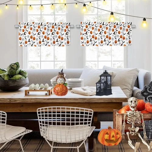 Miniatura 2 de Cenefas de Halloween para ventanas, cortina de calabaza con sombrero de bruja, cortinas cortas con bolsillo para barra, cortinas de cenefa