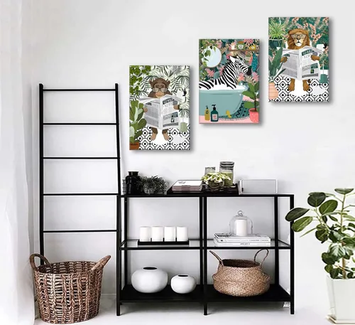Miniatura 4 de 3 piezas de lienzo de animales de la selva para baño, arte de pared de cebra en la bañera, imágenes de mono león en el inodoro, lectura