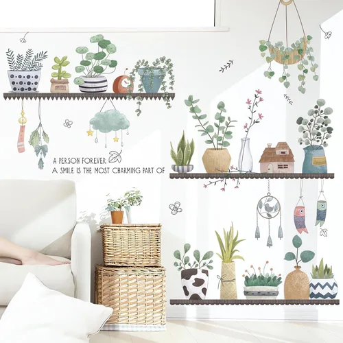 Miniatura 2 de Calcomanías de pared en maceta con plantas verdes frescas, hojas de sacinora para jardín, calcomanías de pared extraíbles de vinilo para despegar