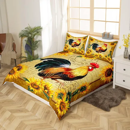 Miniatura 2 de Juego de ropa de cama de gallo estilo granja, tamaño Queen, funda de edredón de girasol amarillo para niños, niñas y adolescentes, funda de edredón