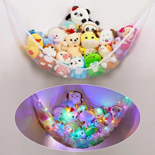 Miniatura 13 de Basumee Hamaca de animales de peluche con luz LED, organizador de red de juguetes de peluche, organizador de esquina para almacenamiento de animales