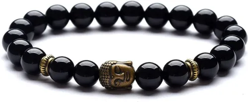 Miniatura 2 de Domika Pulsera de cuentas de ágata negra con cabeza de Buda y terapia de oración budista OM Juego de pulseras elásticas religiosas