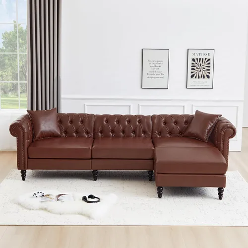 Miniatura 7 de LEVNARY Sofá seccional Chesterfield en forma de L de 108 pulgadas con otomana móvil, sofá de 4 asientos con brazos curvos, tapizado en piel