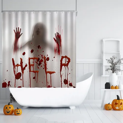 Miniatura 2 de Cortina de ducha de Halloween, cortinas de baño de terror sangriento de 72 x 72 pulgadas, tela impermeable con 12 ganchos para baño en casa, Rojo
