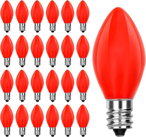 C7 Bombillas LED de repuesto de luces de Navidad, paquete de 25 bombillas rojas de luz nocturna para luces de cadena de luces al aire libre,