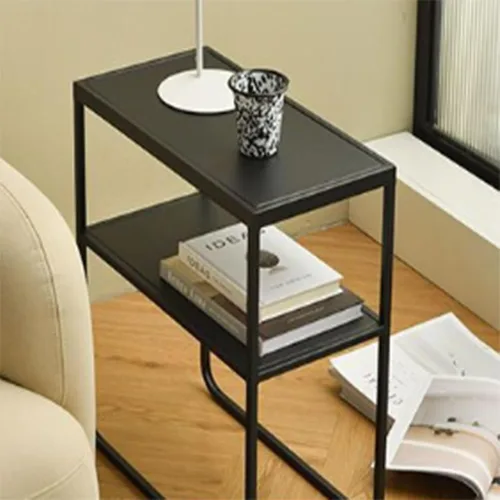 Miniatura 7 de Mesa auxiliar de metal para sofá cuadrado, estante de almacenamiento de doble capa, mesitas de noche movibles modernas, mesa auxiliar