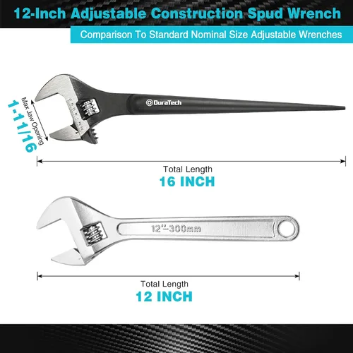 Miniatura 2 de DURATECH Llave de trinquete de construcción ajustable de 12 pulgadas, acabado de óxido negro, acero CR-V, marcas de escala SAE y métrica, agujeros