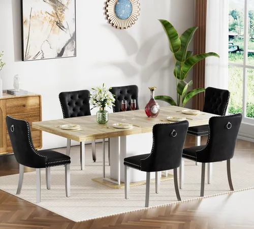Miniatura 47 de Juego de mesa de comedor extensible de 5 piezas, juego de mesa de comedor extensible de estilo granja para 4, mesa de cocina expandible de madera