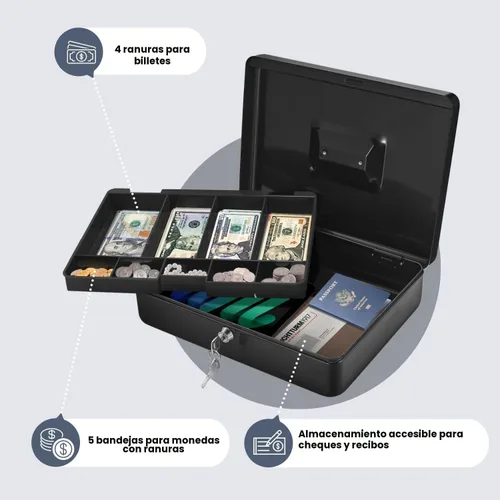 Miniatura 3 de Caja de Dinero Flexzion con Bandeja de Dinero y Cerradura - Caja de Dinero de Metal para Pequeñas Empresas, Caja de Dinero Negra de 9 Compartimentos