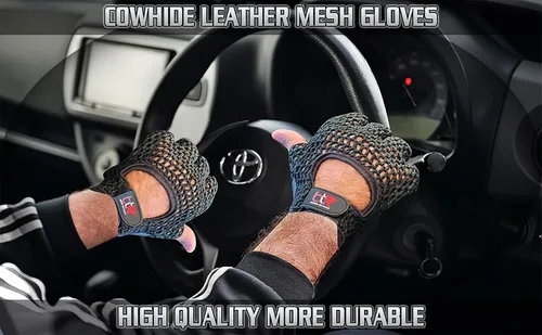 Miniatura 4 de Guantes de conducción de chófer de malla sin dedos, piel de vaca, palma de algodón, espalda de ganchillo, ciclismo, guantes para silla de ruedas