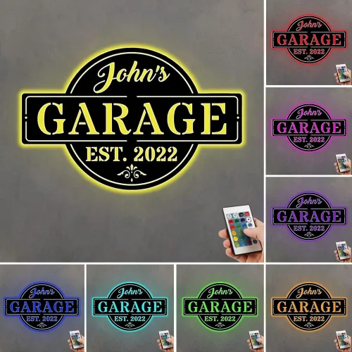 Letrero de neón personalizado para garaje, letrero de metal con nombre de garaje personalizado, letrero iluminado para garaje, arte de pared para