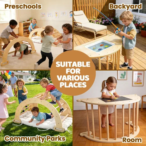 Miniatura 8 de JOYMOR Arco de escalador triangular Pikler 5 en 1 con cojín, mesa sensorial para niños, juguetes de escalada en madera montessori para niños