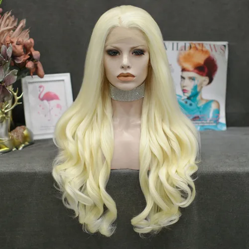 Miniatura 6 de IMSTYLE Peluca rubia con encaje frontal, pelucas de cabello sintético de onda larga para mujer, línea capilar natural, cabello rubio seguro al Rubio
