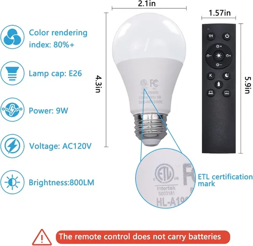 Miniatura 3 de Gupuzm Bombillas LED A19 con control remoto, 800 lm, 9 W, equivalente a bombillas de 60 W, bombilla regulable con control remoto, 3000K-6000K, base