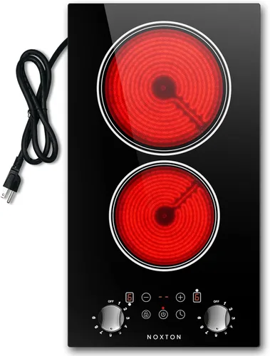 Noxton Placa eléctrica de 2 quemadores, estufa de cerámica radiante de 12 pulgadas 110 V con perilla y control táctil, placa eléctrica incorporada o