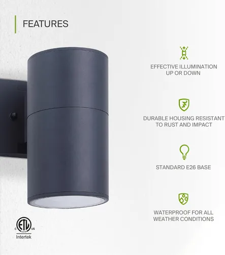 Miniatura 3 de ASD Lámpara de pared para exteriores de 1 luz Portalámparas E26 de 60W 120V ETL Luces cilíndricas hacia arriba y hacia abajo Aplique de pared