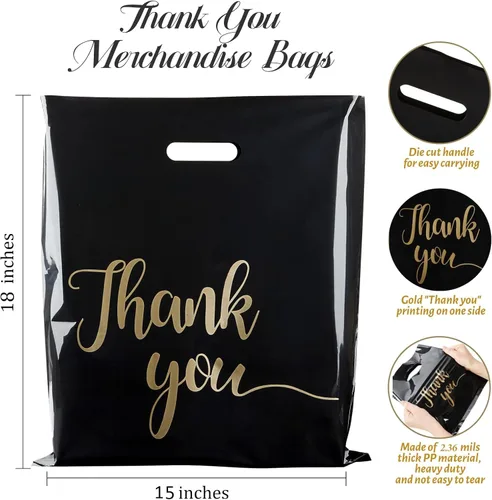 Miniatura 2 de ZORRITA Paquete de 100 bolsas de agradecimiento para pequeñas empresas, bolsas de plástico de 15 x 18 pulgadas con asas, bolsa de mercancía al por
