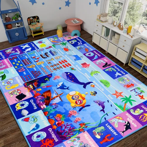 Miniatura 2 de Alfombra interactiva de aprendizaje del mundo oceánico de 3 pies 3 pulgadas x 5 pies con ABC, animales marinos, números y formas para niños pequeños