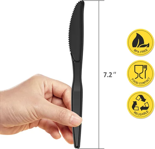Miniatura 2 de POSATE Cuchillos de plástico negro, cuchillos de plástico desechables resistentes, paquete de 100, suministros para fiestas