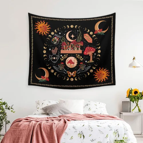 Miniatura 8 de Ftuency Tapiz de hongos y plantas naturales, tapices de fase lunar, decoración de flores estéticas para colgar en la pared para dormitorio, hogar