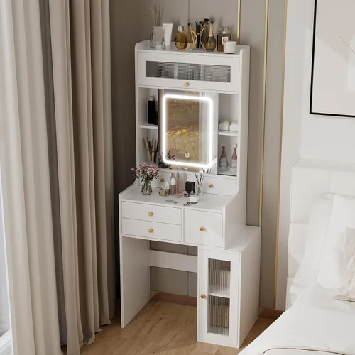 Miniatura 7 de ARTETHYS - Tocador pequeño con espejo deslizante y luces, juego de tocador de maquillaje en color blanco con cajones, mesa de vestir compacta