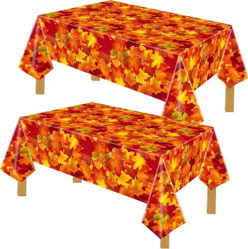 Miniatura 2 de Paquete de 2 manteles de plástico con hojas de arce, desechables con hojas de otoño, manteles rectangulares para fiestas, Acción de Gracias