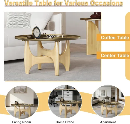 Miniatura 6 de ACEDÉCOR Mesa auxiliar redonda de 30 pulgadas, mesa central dorada cepillada con bandeja de borde bajo y base de madera maciza en X para sala
