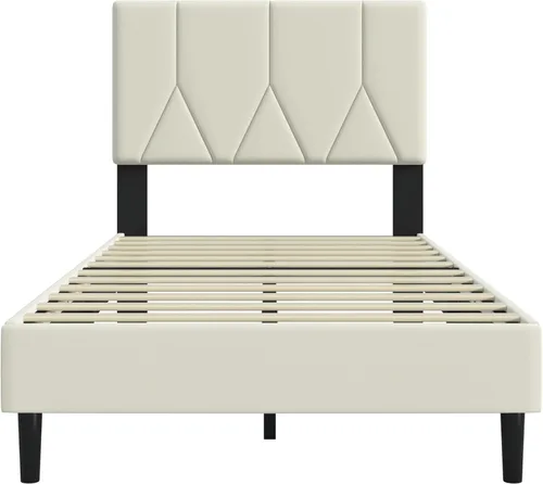 Miniatura 8 de Base de cama tamaño individual, base de cama de plataforma con cabecera tapizada de terciopelo, base de colchón tapizada individual con listones