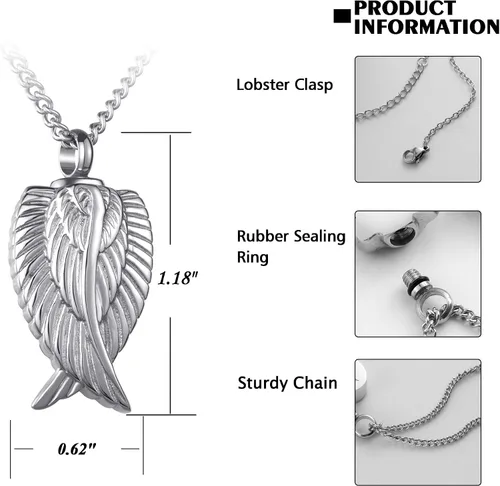 Miniatura 6 de Paquete de 3 collares de urna para cenizas, joyería de cremación conmemorativa para cenizas, alas de ángel plateadas y negras para cenizas, urna