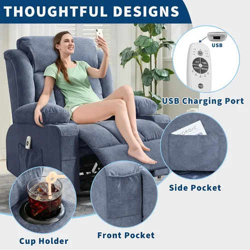 Miniatura 7 de 360° Swivel Rocker Recliner Chair with Heat and Massage, 3 Positions, USB Ports, Side Pockets, Cup Holders, for Living Room, Bedroom, Blue Marrón