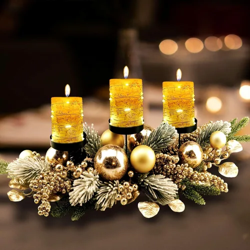YULETIME Candelabro triple de Navidad de 28 pulgadas, portavelas navideño con tres bandejas, bolas doradas, bayas y hojas doradas, agujas de pino