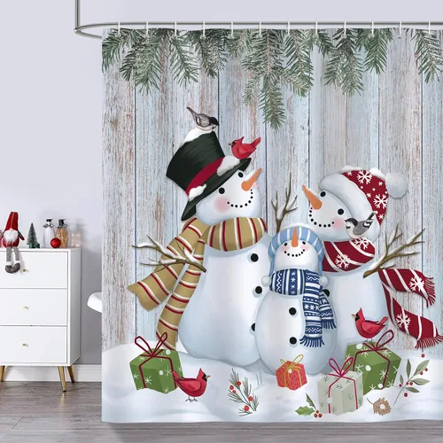 Miniatura 2 de Bonhause - Cortina de ducha navideña, linda decoración rústica de invierno para el baño con diseño de muñeco de nieve familiar, 183 x 183 cm, tela