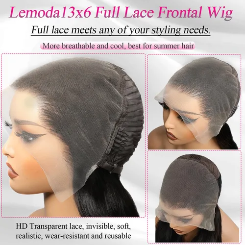 Miniatura 2 de Lemoda 13x6 Pelucas de encaje frontal completas de cabello humano 200% de densidad, peluca lacia HD con encaje frontal transparente de 13x6