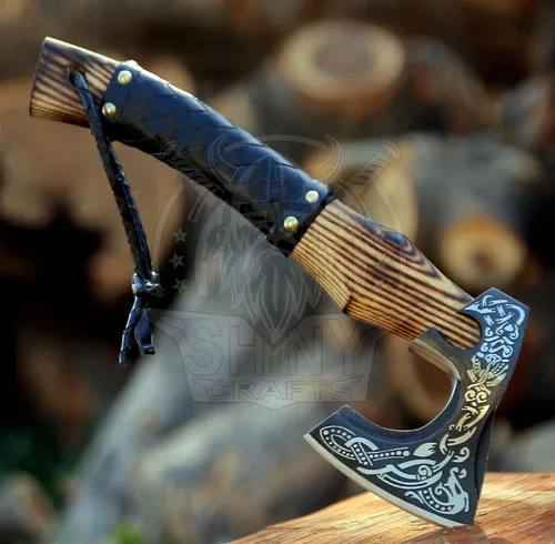 Miniatura 6 de Hacha vikinga decorativa hecha a mano con mango y funda envueltos en cuero, hoja grabada, regalo coleccionable ceremonial para hombres, guerreros