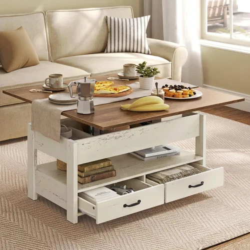 VASAGLE Mesa de Centro con Tapa Elevable, Mesa Central 3 en 1 con Almacenamiento, Resorte de Gas, 2 Cajones y 3 Compartimentos Ocultos, Estante