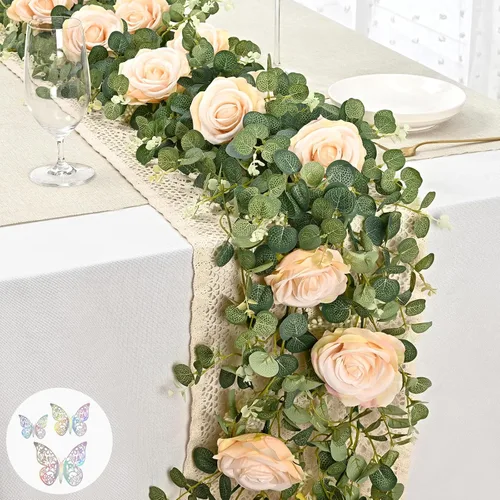 Miniatura 12 de Yastouay 2 guirnaldas de flores de 13.4 pies con mariposa, guirnalda de eucalipto artificial con flores de champán, rosa falsa de camelia