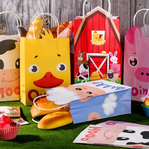 Miniatura 4 de Tallew Paquete de 16 bolsas de recuerdo de fiesta de animales de granja con asas, bolsas de regalo de granjero de granja, papel de estraza
