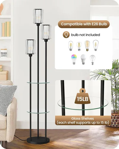 Miniatura 6 de Lámpara de pie negra con estantes, lámpara de pie moderna con 3 pantallas de cristal e interruptor de pie, lámpara de pie de 3 luces, para sala