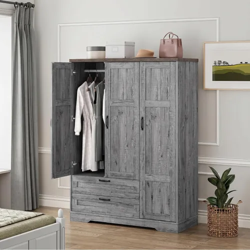 Brafab 62" Wooden Armoire Wardrobe Closet with 3 Doors and Drawers, Standing Bedroom Storage Cabinet with Hanging Rod for Hanging Clothes, Coat Gris