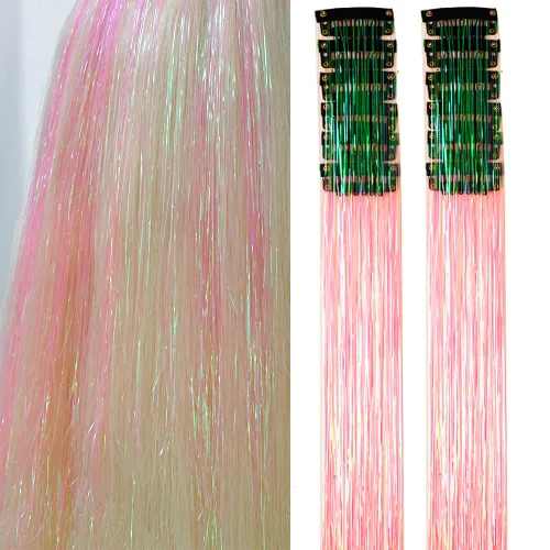 Miniatura 25 de Paquete de 12 extensiones de cabello de oropel con clip, paquete de 12 unidades, 20 pulgadas, extensiones de cabello de oropel con purpurina, negro#