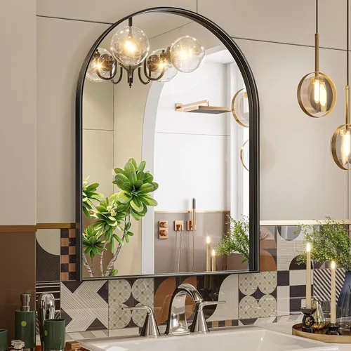 Miniatura 27 de Brightify - Espejo arqueado dorado de 24 x 32 pulgadas, espejo de pared con marco de metal de latón para baño, espejo arqueado superior para tocador