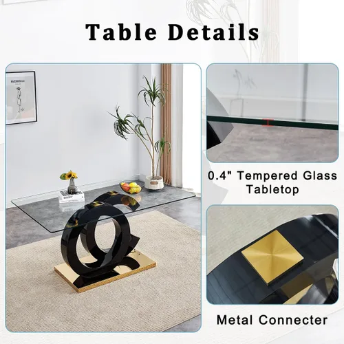 Miniatura 4 de gopop Mesa de comedor de cristal de 63 pulgadas, mesa de cocina moderna, mesa de comedor de vidrio transparente con patas de diseño único negro