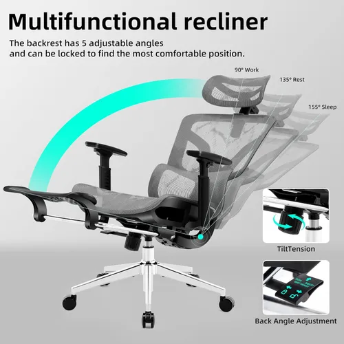 Miniatura 7 de Silla de oficina ergonómica con reposapiés, silla de oficina grande y alta, soporte lumbar ajustable de 4 niveles, bloqueo de inclinación de 155°