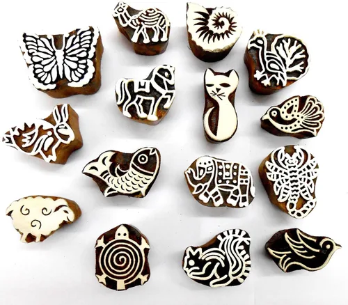 CraftsofIndia® Bloques de madera de animales y pájaros para estampación, impresión en bloques en textiles, manualidades de cerámica, henna, pintura